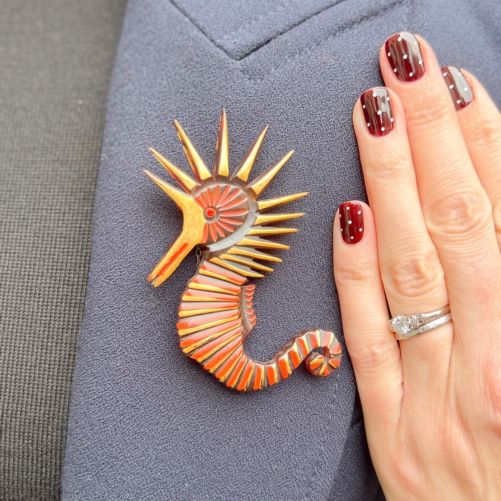 Art Deco 1920s Celluloid and Rhinestone Vintage Seahorse Brooch